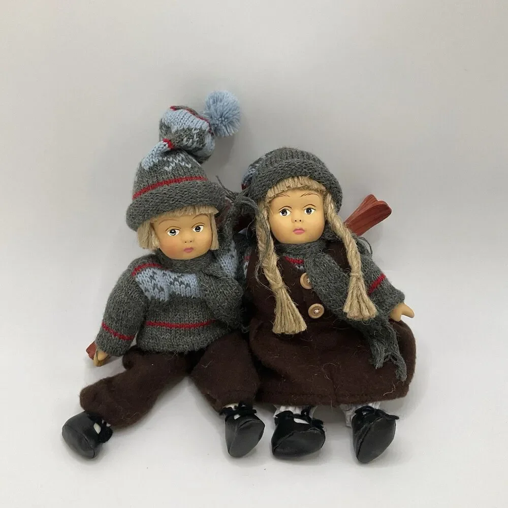BVintage Norwegian Pair Porcelain Beanbag Boy & Girl Dolls Skiing Winter 12